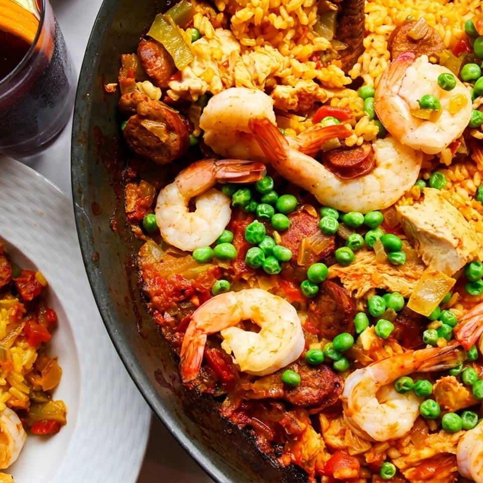 A large pan of paella with shrimp, chicken, chorizo, peas, and rice, next to a glass of sangria.