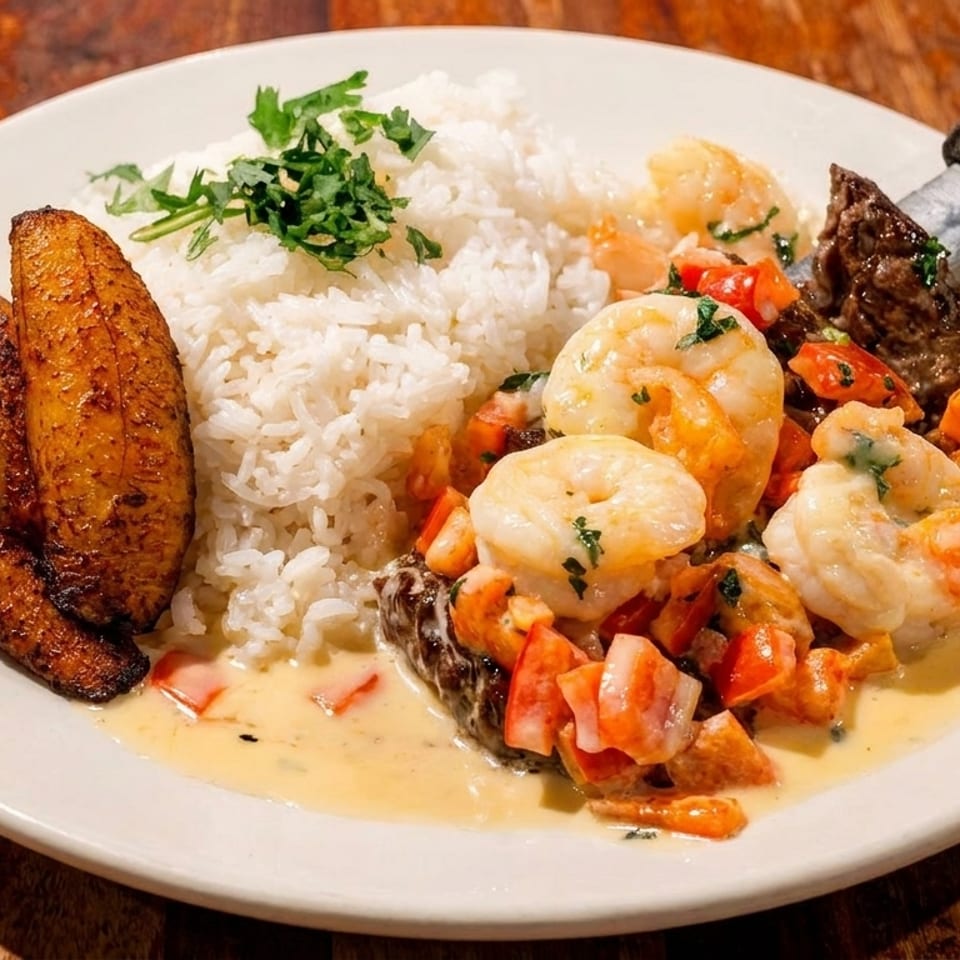 A white plate with shrimp, rice, plantains, and steak, garnished with herbs.