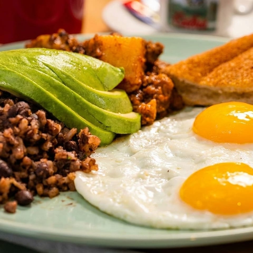 A breakfast plate with gallo pinto, sliced avocado, two fried eggs, and toasted bread.